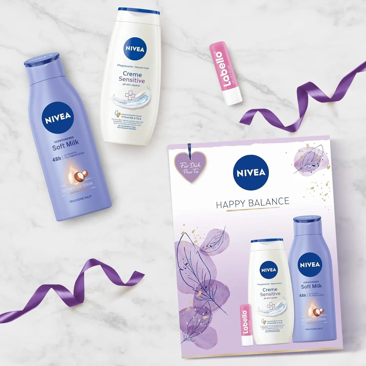 Nivea - (3-piece set) Happy Balance Care Gift Set with Creme Sensitive Care Shower / Soft Milk incl. Labello Lip Care