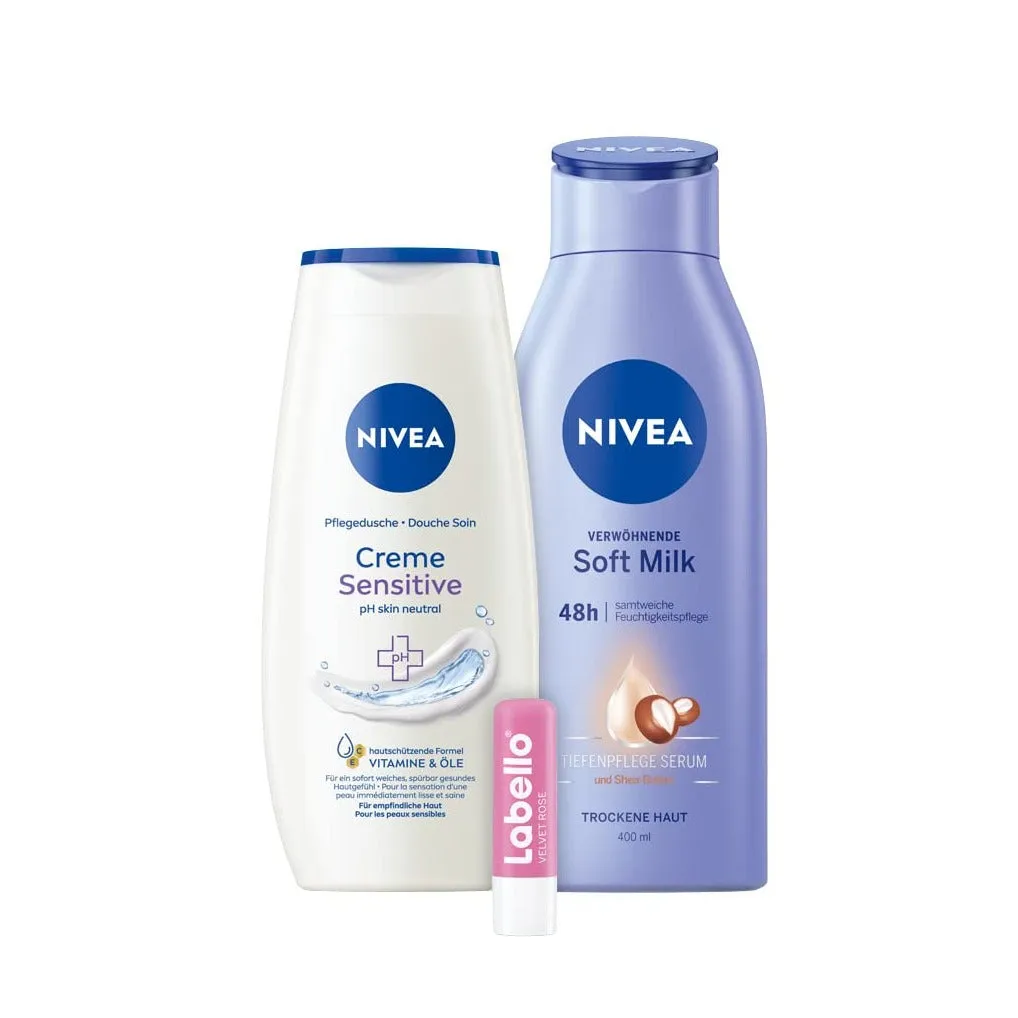 Nivea - (3-piece set) Happy Balance Care Gift Set with Creme Sensitive Care Shower / Soft Milk incl. Labello Lip Care